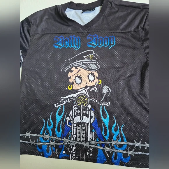 Betty Boop Y2K Vintage Black Jersey Blue Flames Motorcycle - Picture 6 of 7